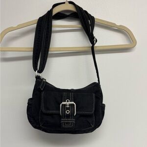 Vintage Fossil Mini Black Shoulder Bag with Silver Hardware and Floral Lining.